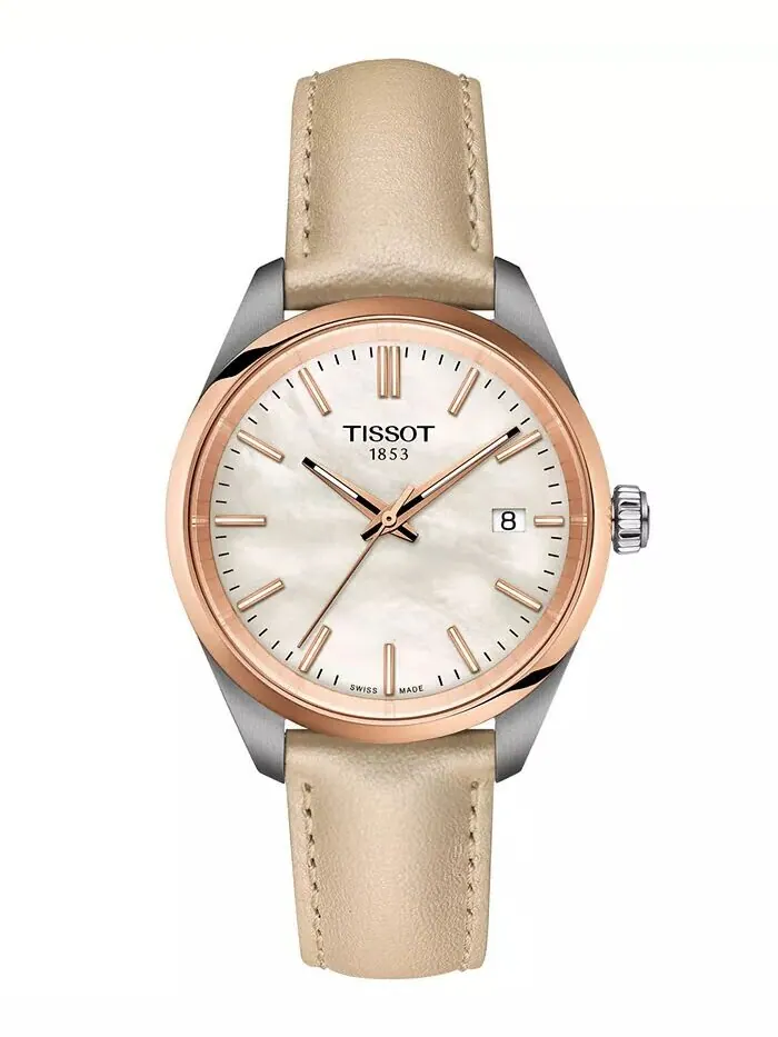 Часы унисекс Swiss PR 100 с кремовым кожаным ремешком, 34 мм Tissot — изображение 1 из 5