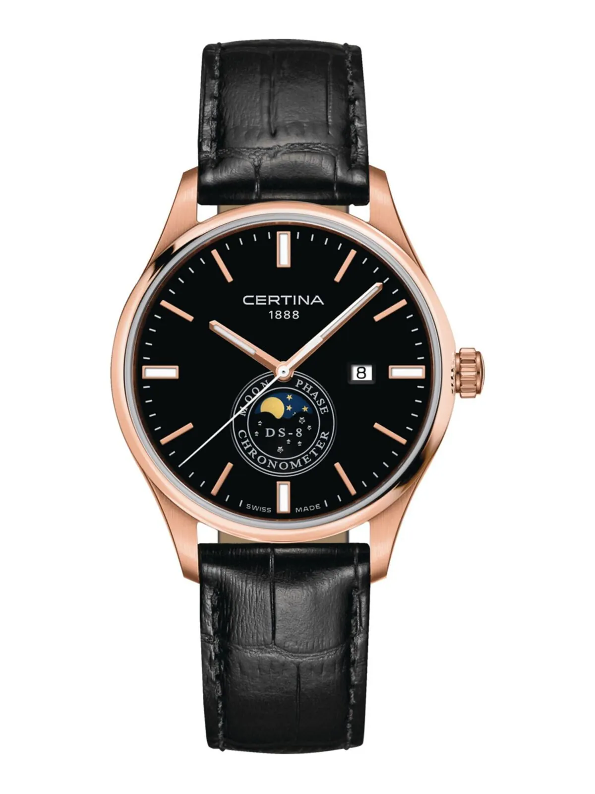Мужские швейцарские часы DS-8 Moon Phase с черным кожаным ремешком, 41 мм Certina — изображение 1 из 2, оттенок черный