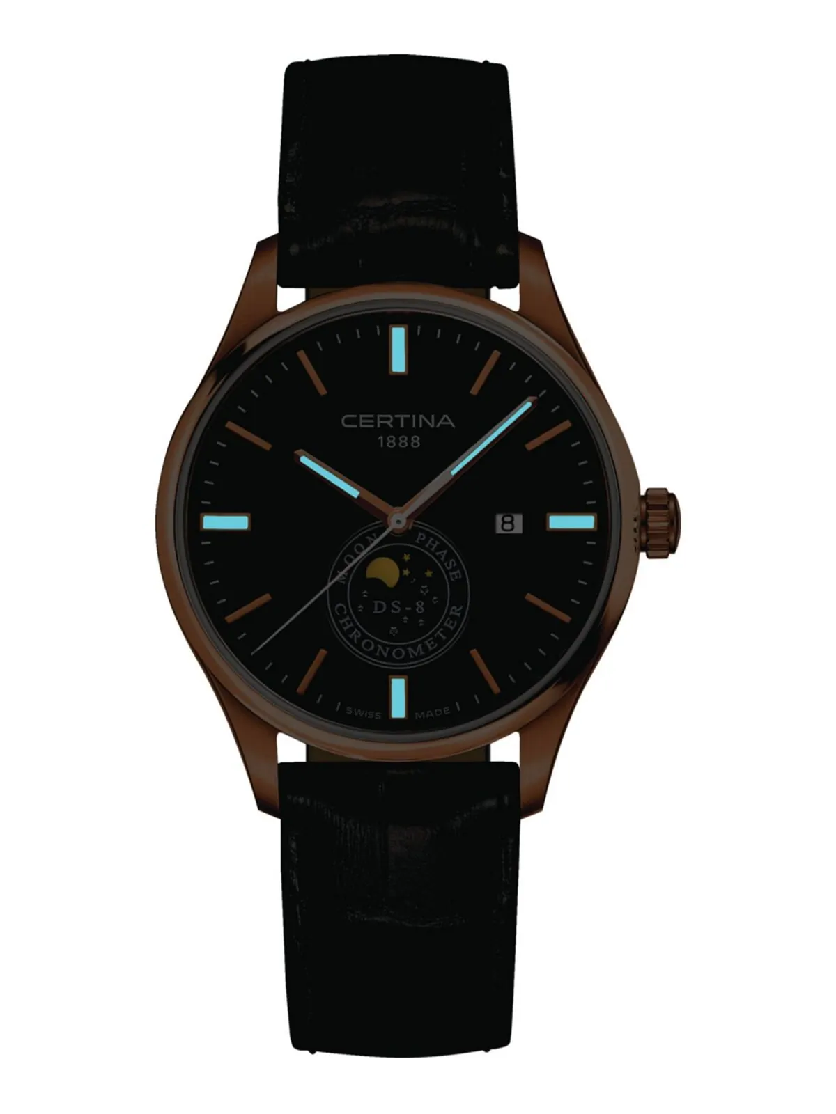 Мужские швейцарские часы DS-8 Moon Phase с черным кожаным ремешком, 41 мм Certina — изображение 2 из 2, оттенок черный