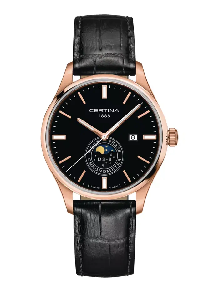 Мужские часы Swiss DS-8 Moon Phase с черным кожаным ремешком, 41 мм Certina — изображение 1 из 2