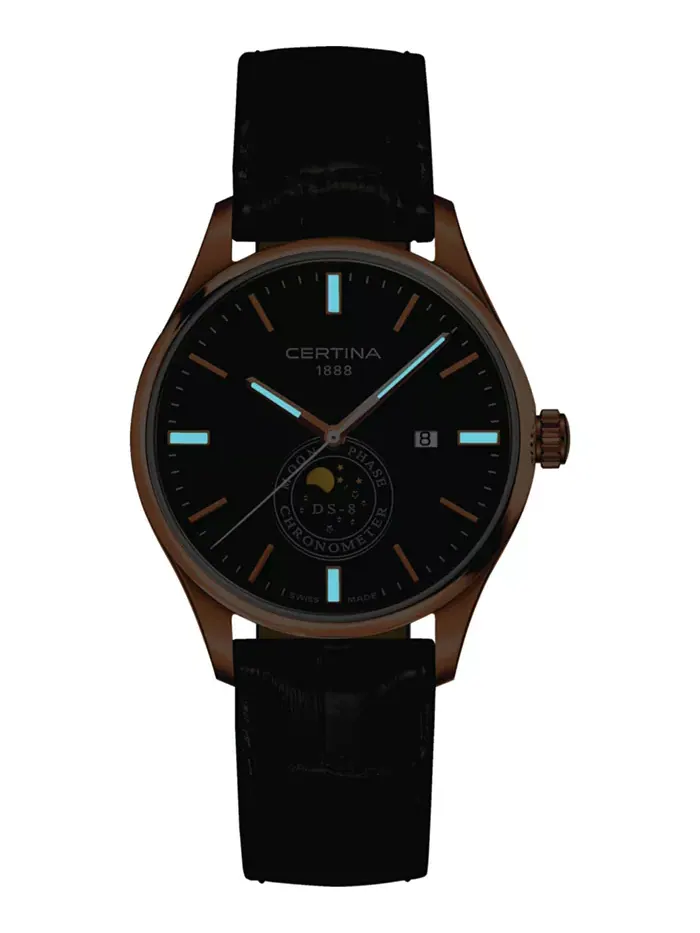 Мужские часы Swiss DS-8 Moon Phase с черным кожаным ремешком, 41 мм Certina — изображение 2 из 2