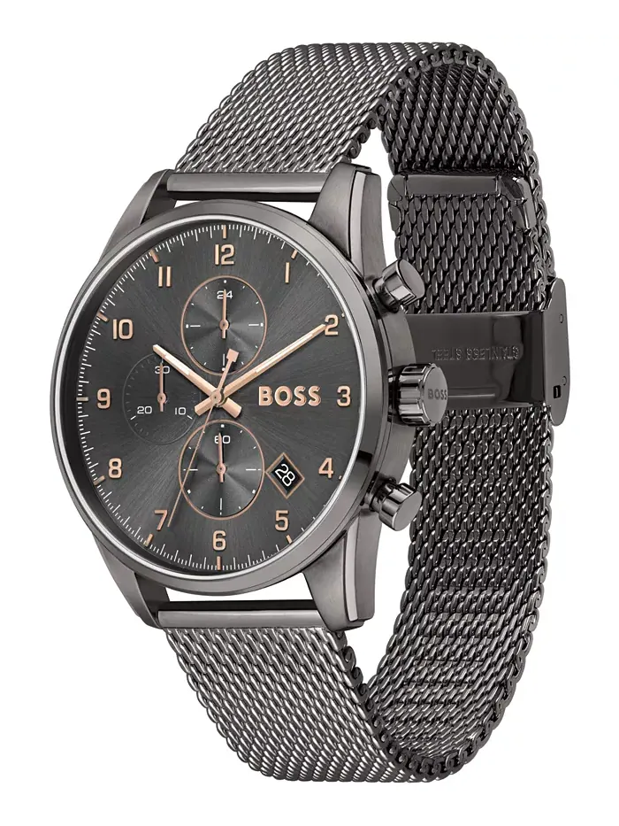 Мужские часы Skymaster Chronograph, серые, с сетчатым браслетом из нержавеющей стали, 44 мм Hugo — изображение 2 из 3