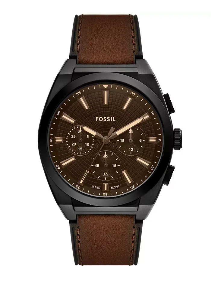 Мужские часы Everett Chronograph с коричневым кожаным ремешком, 44 мм Fossil — изображение 1 из 3