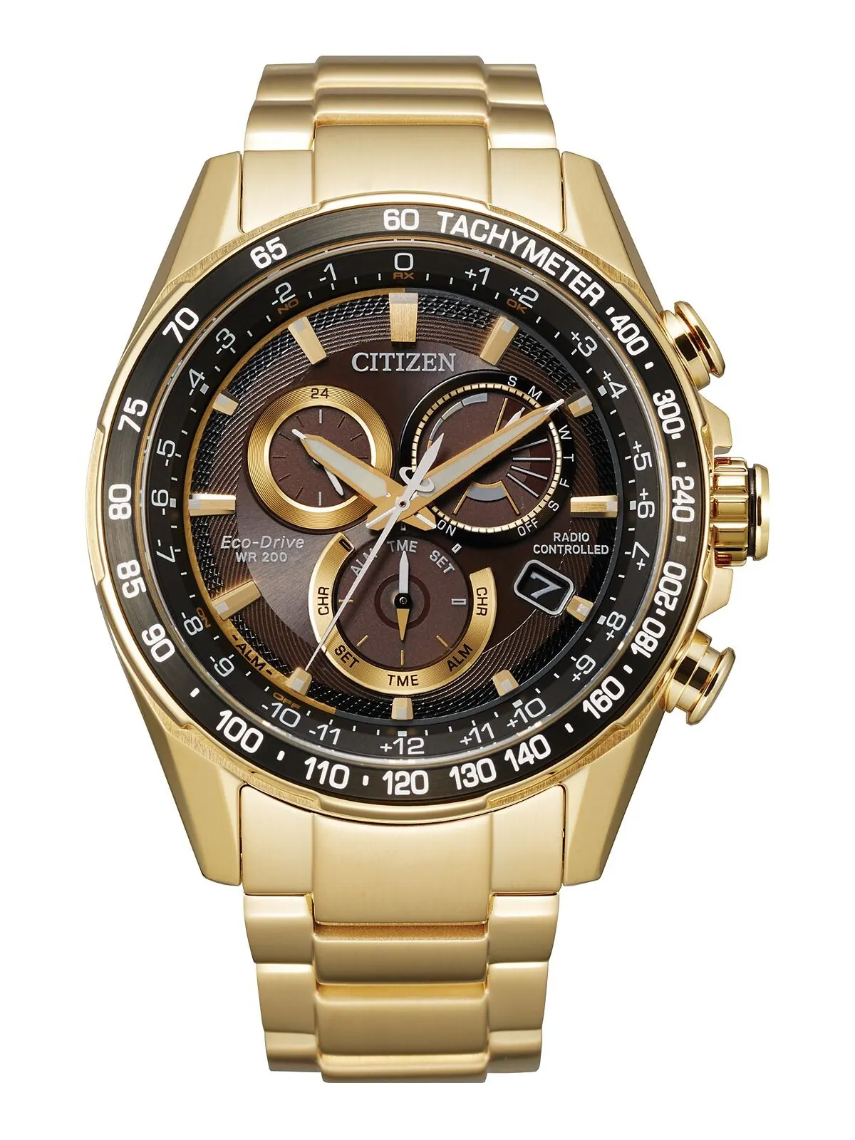 Мужские часы Eco-Drive с хронографом PCAT, золотистый браслет из нержавеющей стали, 43 мм Citizen — изображение 1 из 2