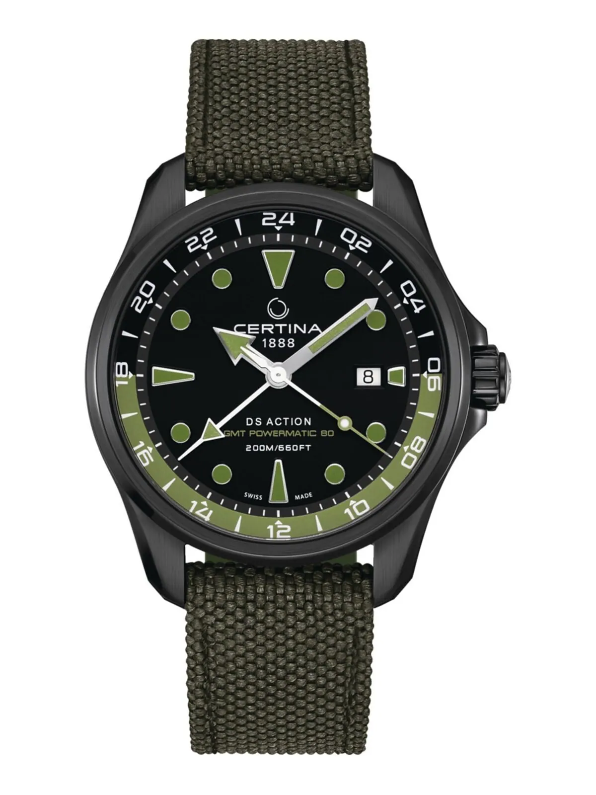 Мужские швейцарские автоматические часы DS Action GMT с зеленым синтетическим ремешком, 43 мм — изображение 1 из 6