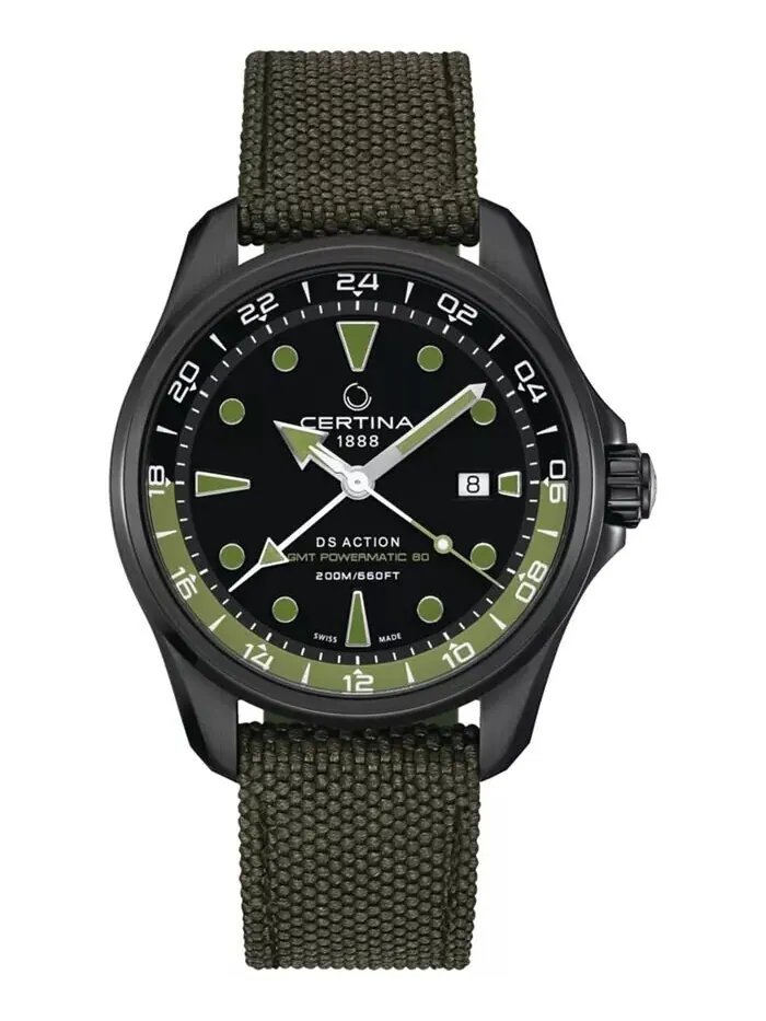 Мужские швейцарские автоматические часы DS Action GMT с зеленым синтетическим ремешком, 43 мм — изображение 1 из 6