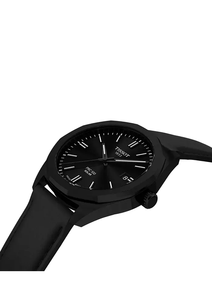 Мужские часы Swiss PRC 100 Solar Quartz с черным кожаным ремешком, 39 мм Tissot — изображение 4 из 6
