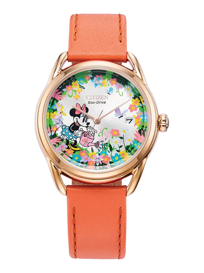 Женские часы Citizen Eco-Drive Disney Minnie Mouse с бриллиантами на розовом кожаном ремешке