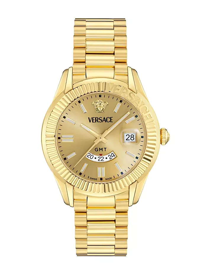 Мужские часы Swiss Apodis GMT с золотым ионным покрытием на браслете 41mm Versace — изображение 1 из 3