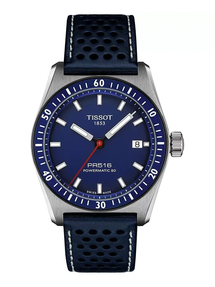 Мужские автоматические часы Swiss Automatic PR516 Powermatic 80 с синим перфорированным кожаным — изображение 1 из 5