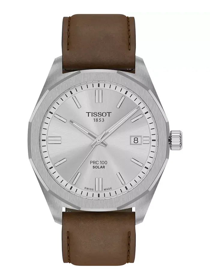 Мужские часы Swiss PRC 100 Solar Quartz с коричневым кожаным ремешком, 39 мм Tissot — изображение 1 из 5