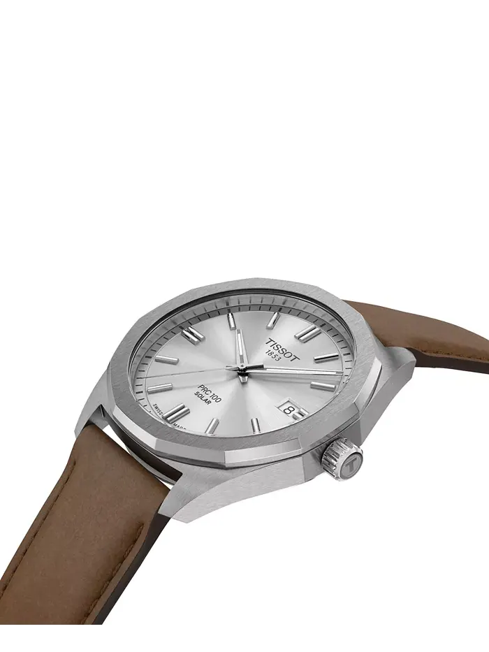 Мужские часы Swiss PRC 100 Solar Quartz с коричневым кожаным ремешком, 39 мм Tissot — изображение 4 из 5