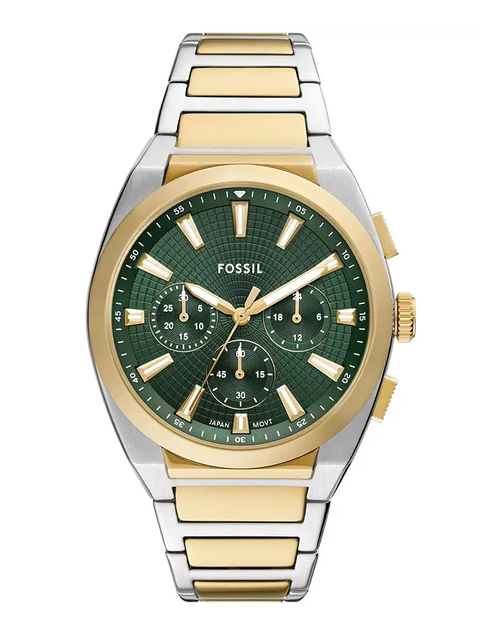 Мужские часы Everett Chronograph с двухцветным корпусом из нержавеющей стали, 44 мм Fossil — изображение 1 из 3