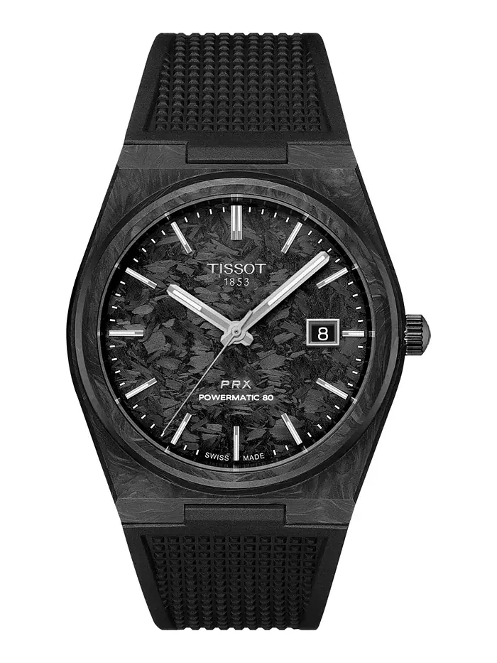 Мужские автоматические часы Tissot PRX Powermatic 80 с черным резиновым ремешком