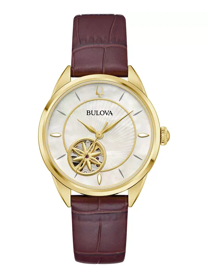Женские часы Sutton Automatic с коричневым кожаным ремешком, 34.5 мм Bulova — изображение 1 из 5