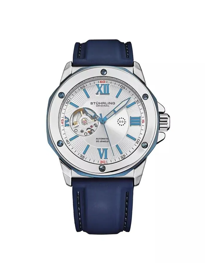 Мужские часы Legacy Blue Rubber, серебристый циферблат, круглые часы 50 мм Stuhrling
