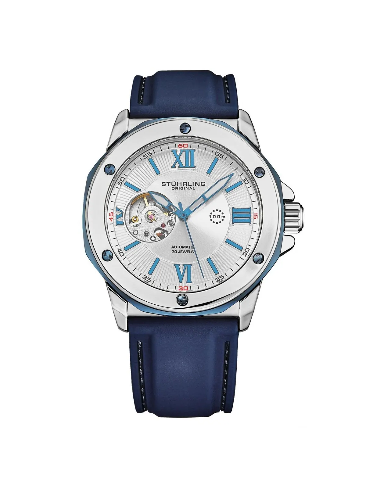 Мужские часы Legacy Blue Rubber, серебристый циферблат, круглые часы 50 мм Stuhrling