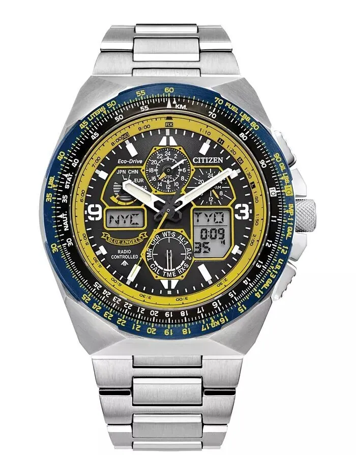 Мужские часы Eco-Drive с хронографом Promaster Skyhawk A-T Blue Angels с браслетом из нержавеющей