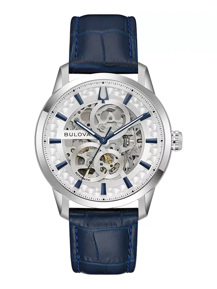 Мужские классические автоматические часы Sutton с синим кожаным ремешком, 40 мм Bulova — изображение 1 из 3
