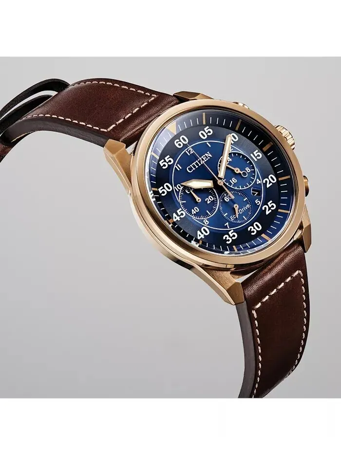 Мужские часы Eco-Drive с хронографом Avion, коричневый кожаный ремешок, 48 мм Citizen — изображение 4 из 5