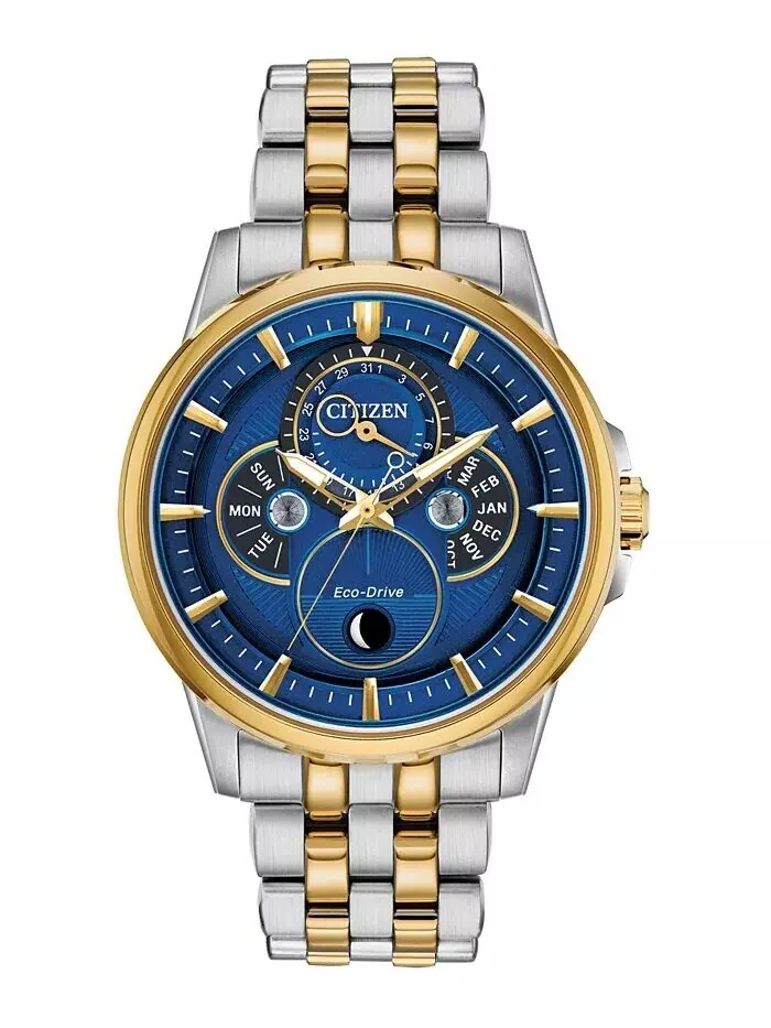 Мужские часы Eco-Drive с двухцветным браслетом из нержавеющей стали с календарем, 44 мм Citizen