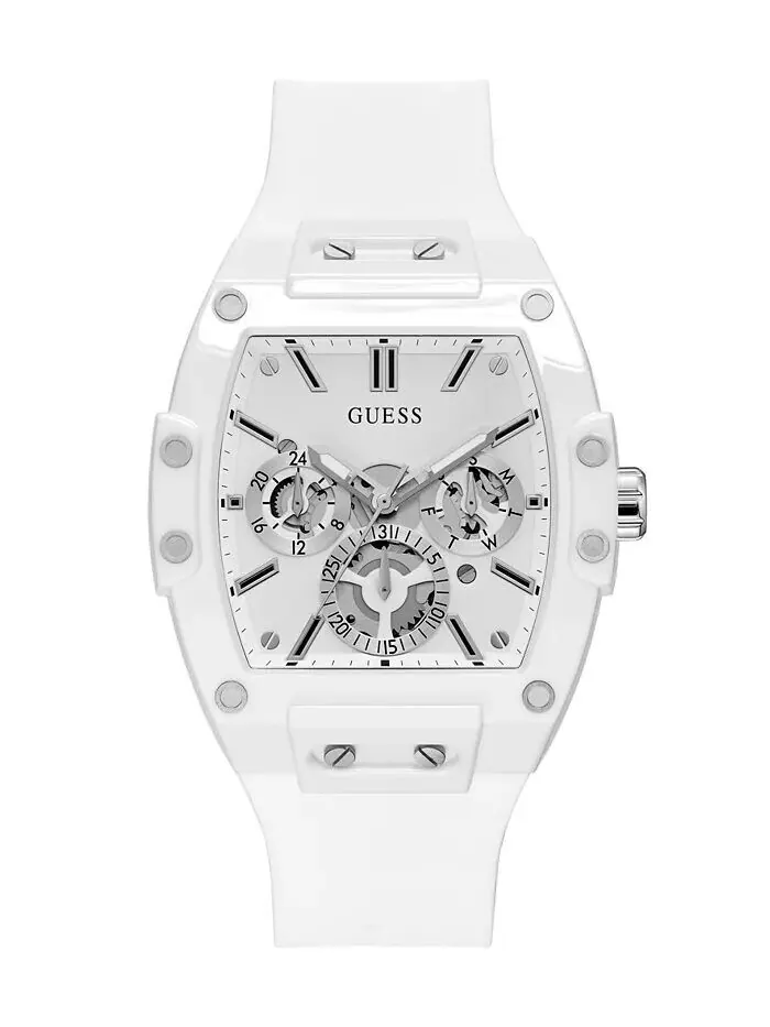Мужские многофункциональные часы с белым силиконовым ремешком 43 мм GUESS