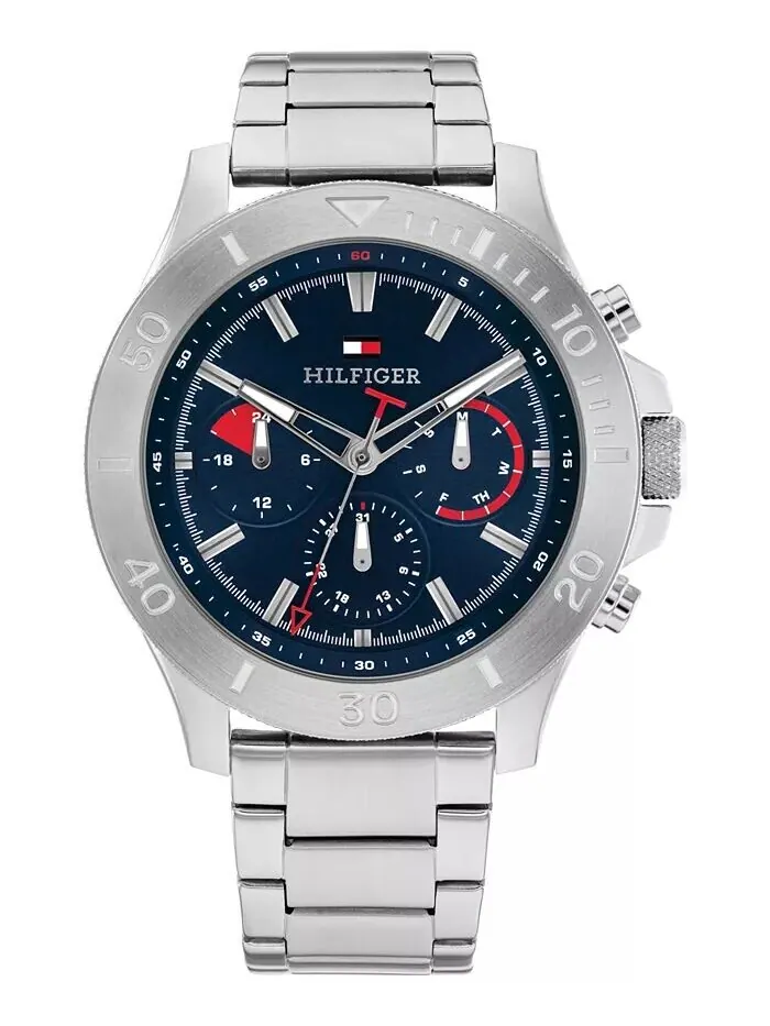 Мужские кварцевые серебряные часы из нержавеющей стали 46 мм Tommy Hilfiger