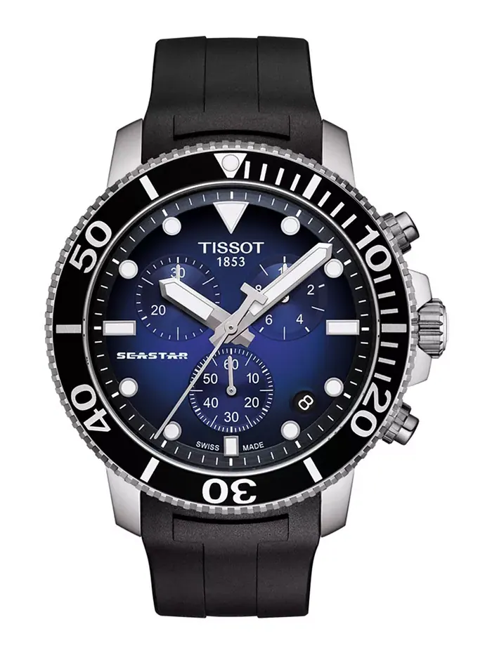 Мужские водолазные часы Swiss Chronograph Seastar 1000 с черным резиновым ремешком, 45.5 мм Tissot — изображение 1 из 4