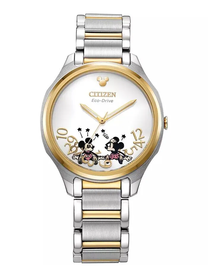 Двухцветные часы с браслетом из нержавеющей стали Falling Mickey & Minnie, 35 мм Citizen