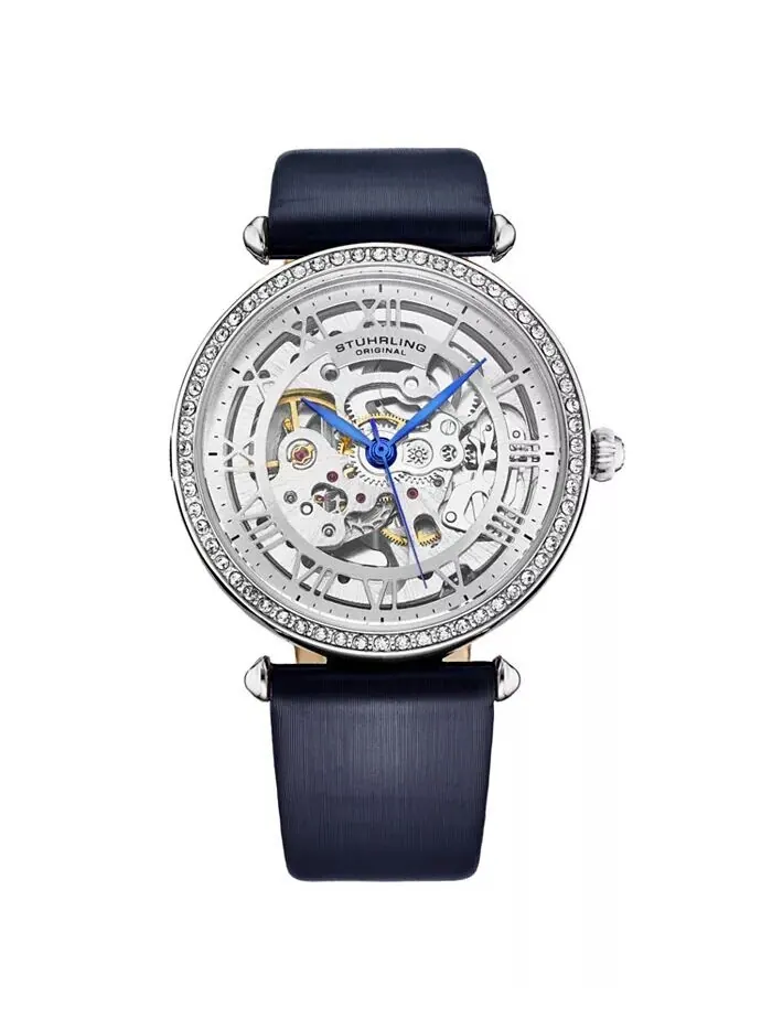 Женские часы Legacy, синяя кожа, серебристый циферблат, круглые часы 45 мм Stuhrling