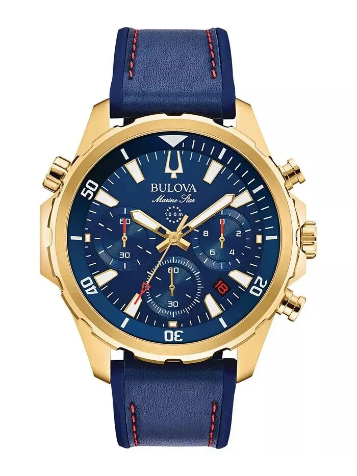 Мужские часы с хронографом Marine Star, синие кожаные и силиконовые ремешки, 43 мм Bulova — изображение 1 из 6