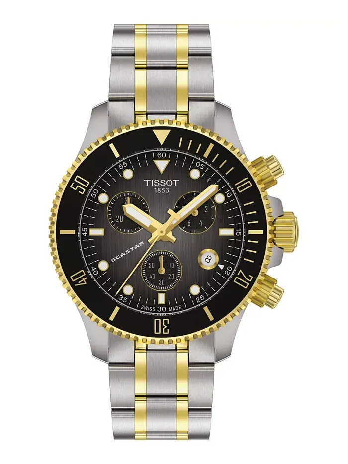 Мужские часы Swiss Chronograph Seastar 1000 с двухцветным браслетом из нержавеющей стали, 38 мм — изображение 1 из 5