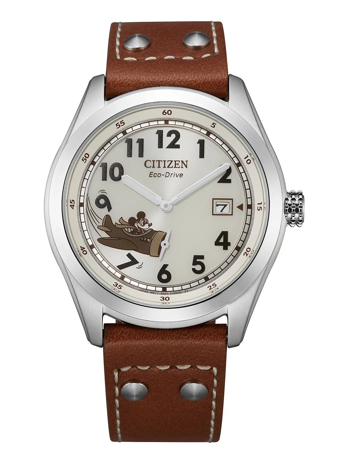 Часы Mickey Aviator с коричневым кожаным ремешком, 40 мм Citizen