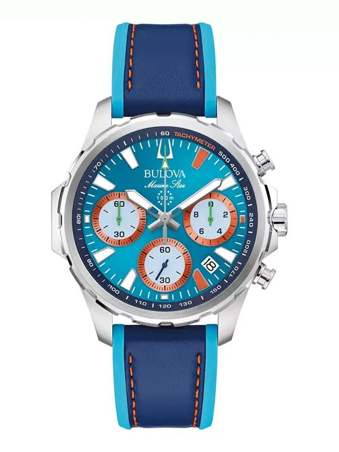 Мужские часы Marine Star E1 Chronograph с синим кожаным и силиконовым ремешком, 43 мм Bulova — изображение 1 из 4