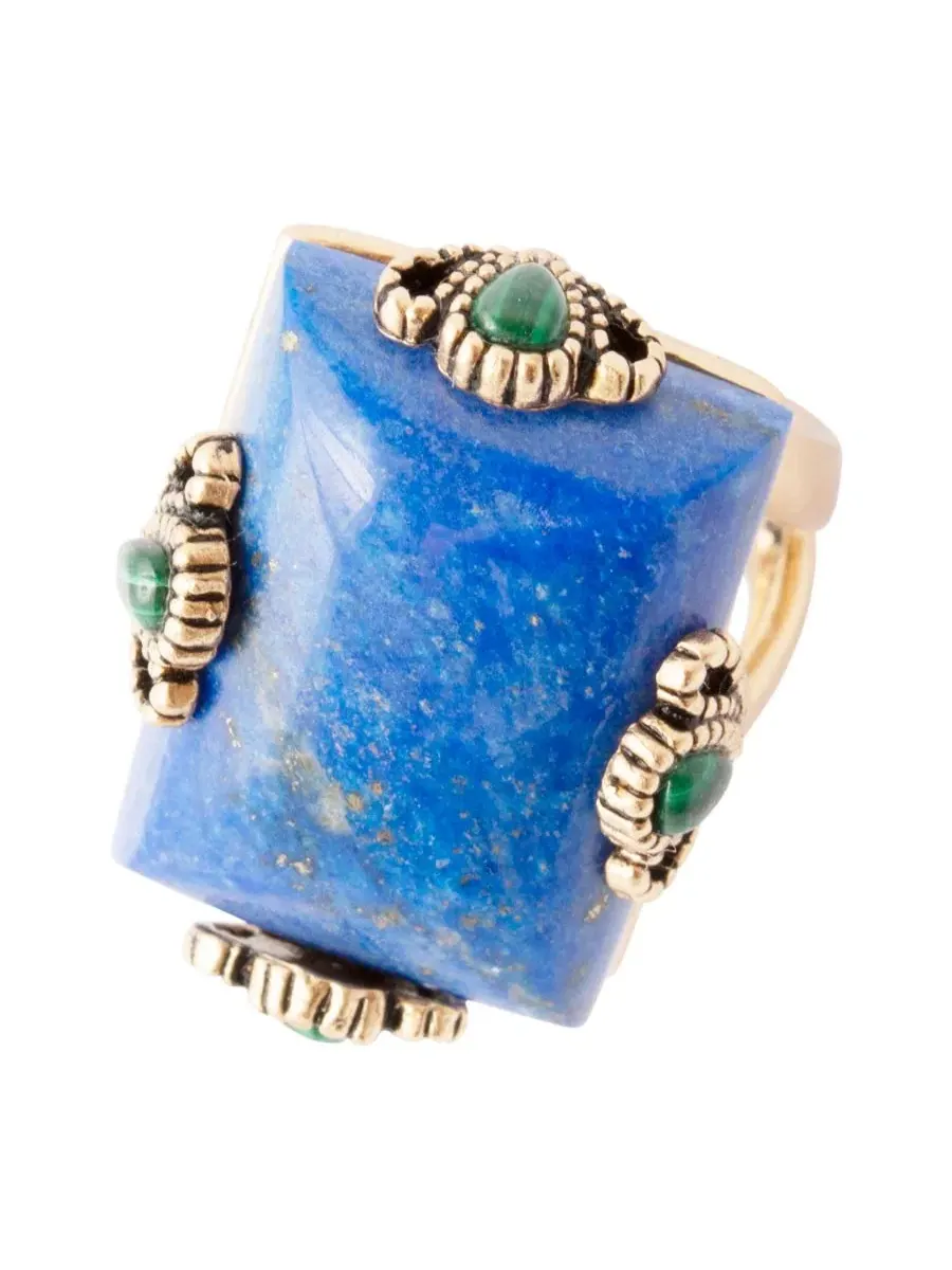 Кольцо с лазуритом и малахитом Prismatic Blue Lapis and Malachite Golden Square Ring Barse, Genuine — изображение 1 из 7