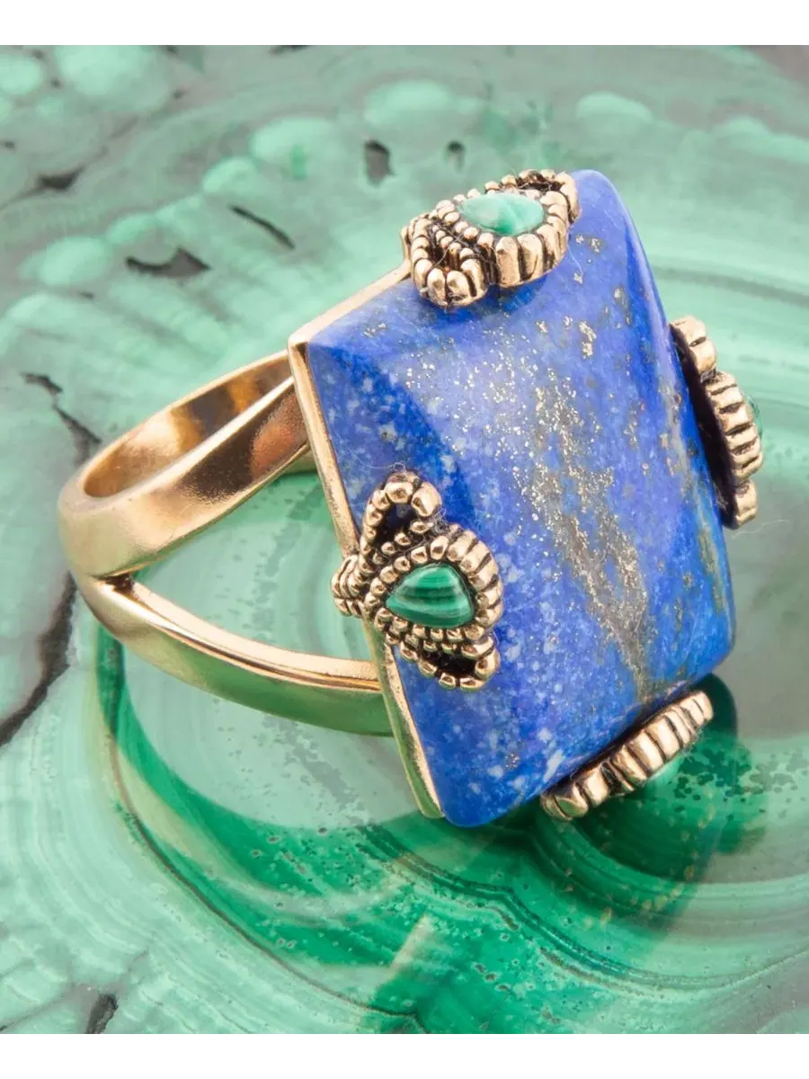 Кольцо с лазуритом и малахитом Prismatic Blue Lapis and Malachite Golden Square Ring Barse, Genuine — изображение 4 из 7