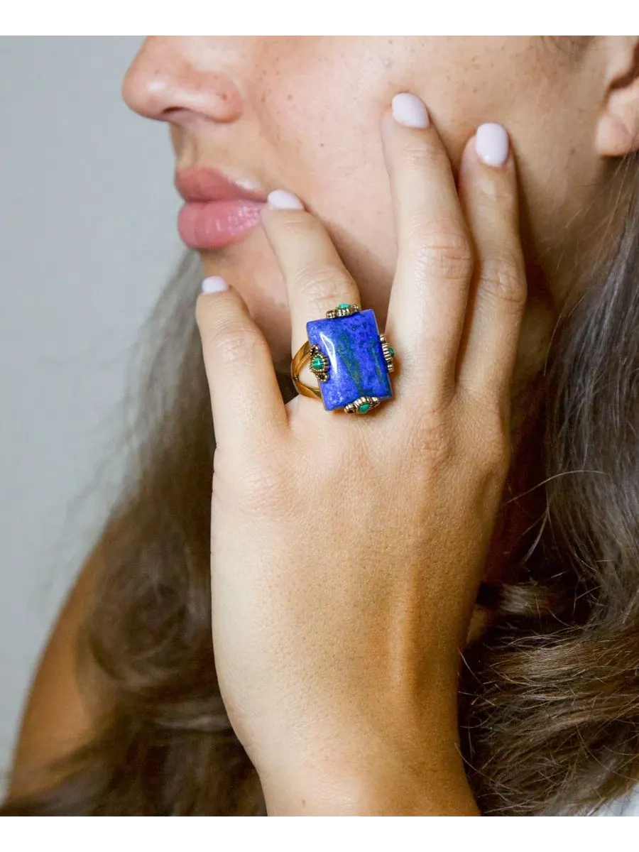 Кольцо с лазуритом и малахитом Prismatic Blue Lapis and Malachite Golden Square Ring Barse, Genuine — изображение 5 из 7