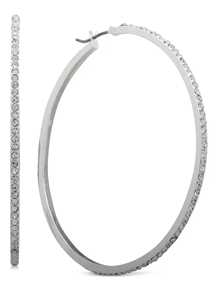 Серьги-кольца среднего серебристого тона с паве, 2 дюйма DKNY