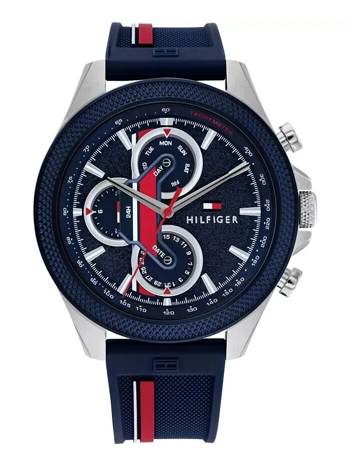 Мужские многофункциональные синие силиконовые часы 46 мм Tommy Hilfiger