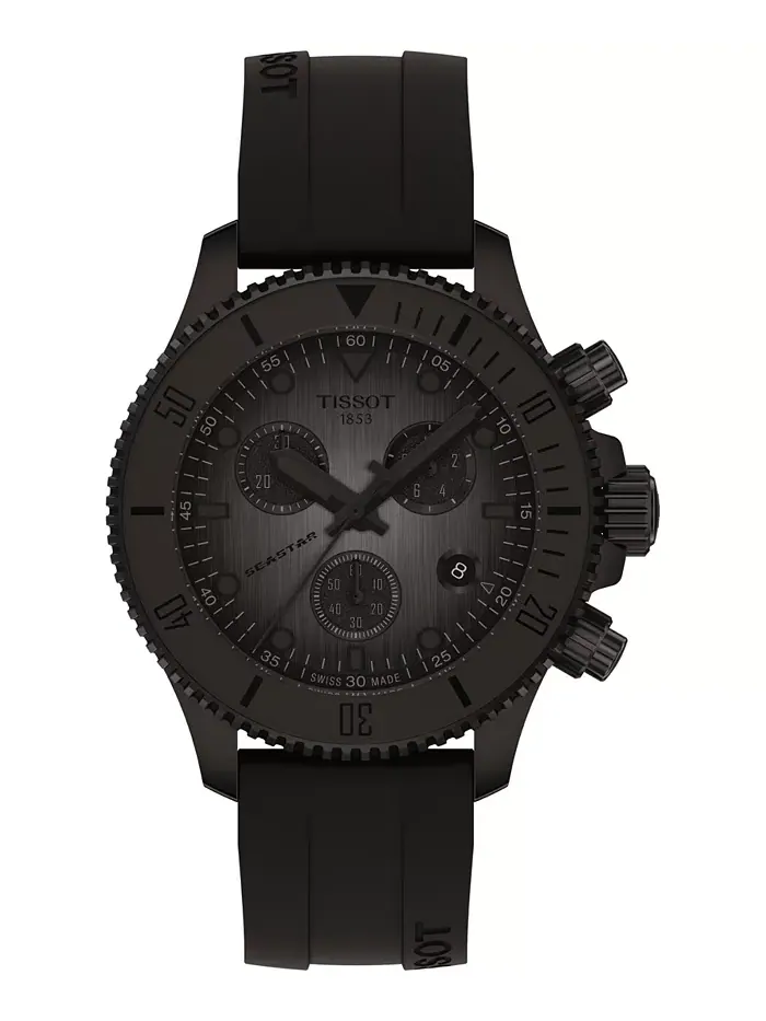 Мужские часы Swiss Chronograph Seastar 1000 с черным резиновым ремешком, 38 мм Tissot — изображение 1 из 5