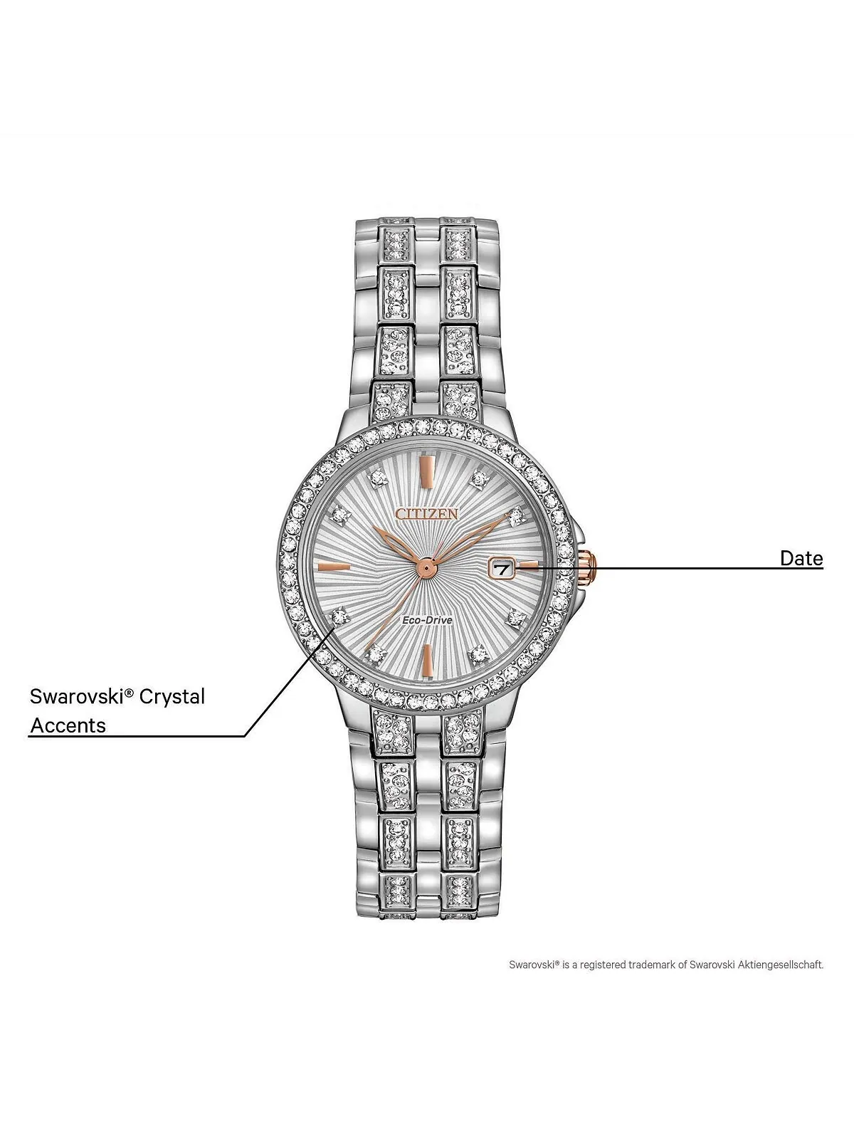 Женские часы Eco-Drive Crystal Accent из нержавеющей стали с браслетом, 28 мм EW2340-58A Citizen — изображение 5 из 8