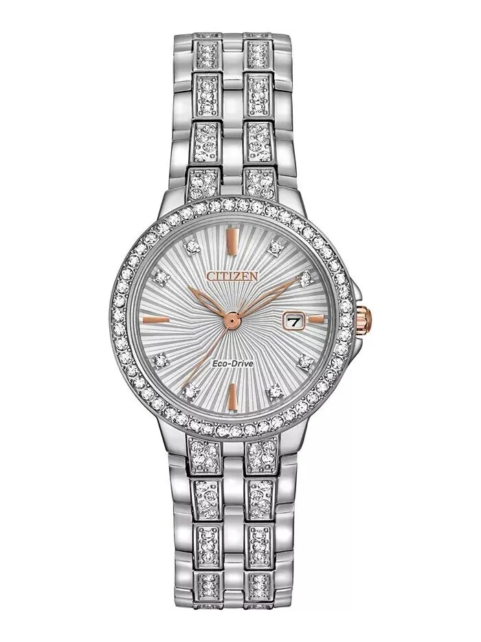 Женские часы Eco-Drive Crystal Accent из нержавеющей стали с браслетом, 28 мм EW2340-58A Citizen