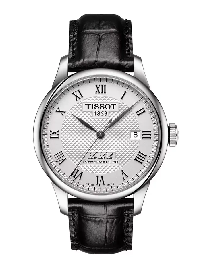 Мужские швейцарские автоматические часы T-Classic Le Locle Powermatic 80 с черным кожаным ремешком — изображение 1 из 7