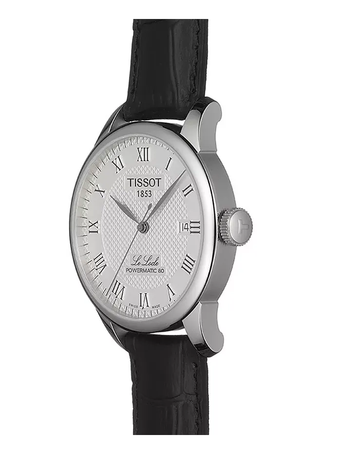 Мужские швейцарские автоматические часы T-Classic Le Locle Powermatic 80 с черным кожаным ремешком — изображение 4 из 7