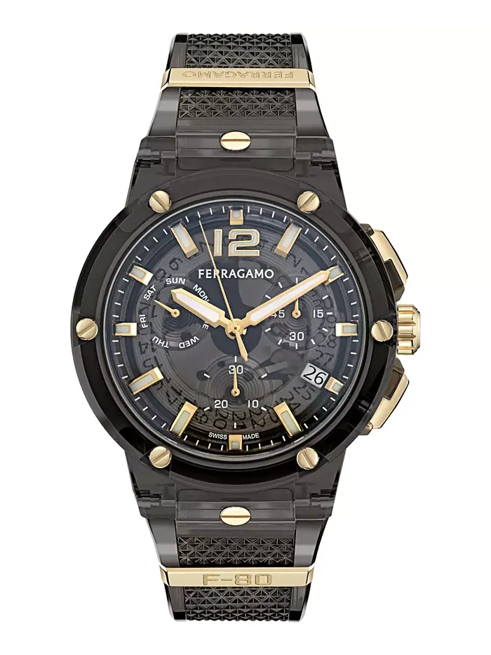 Мужские часы Swiss Chronograph F-80 с прозрачным черным полиуретановым ремешком, 44 мм Ferragamo — изображение 1 из 3