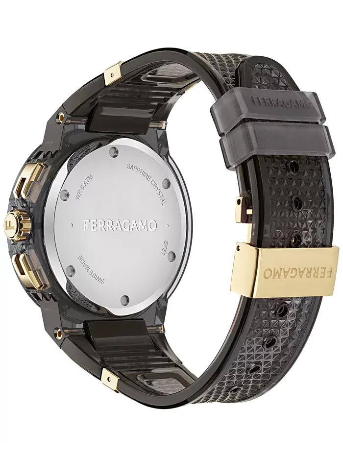 Мужские часы Swiss Chronograph F-80 с прозрачным черным полиуретановым ремешком, 44 мм Ferragamo — изображение 3 из 3