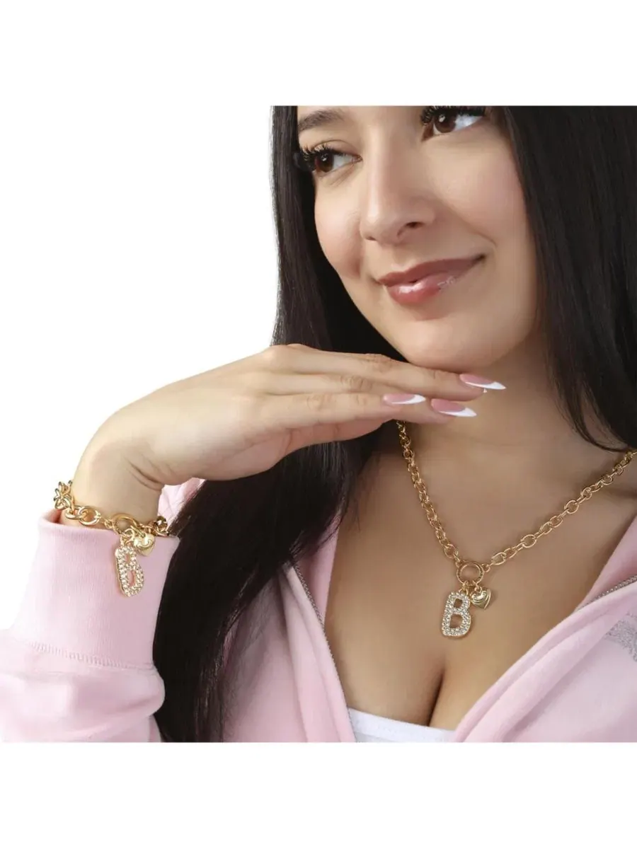 Браслет-цепочка с подвеской-буквой и сердцем, с кристаллами Juicy Couture, Letter B — изображение 2 из 7