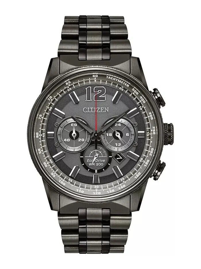 Eco-Drive Мужские часы с хронографом Nighthawk, серые часы с браслетом из нержавеющей стали, 43 мм