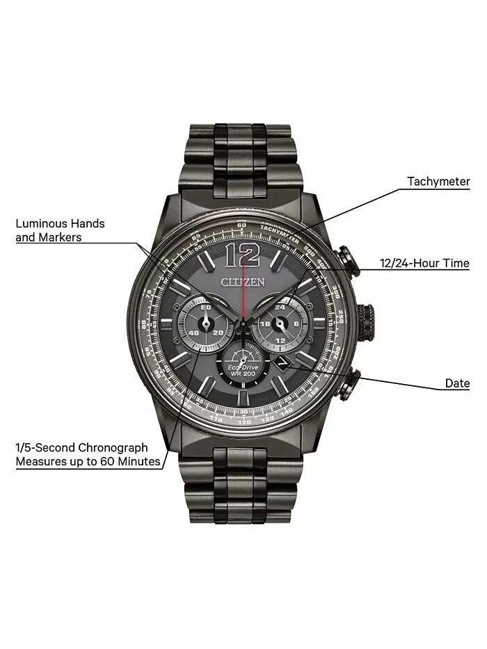 Eco-Drive Мужские часы с хронографом Nighthawk, серые часы с браслетом из нержавеющей стали, 43 мм — изображение 9 из 13