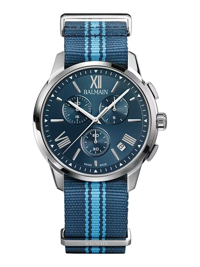 Мужские часы Swiss Chronograph Madrigal с темно-синим полосатым ремешком NATO, 42 мм Balmain